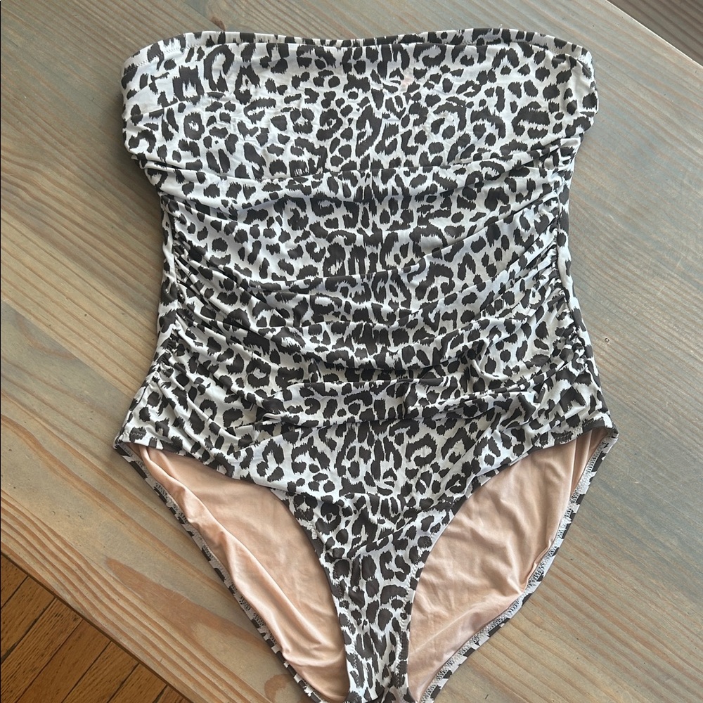 J. Crew Leopard Print Ruched Bandeau One-Piece Swimsuit - Picture 3 of 14